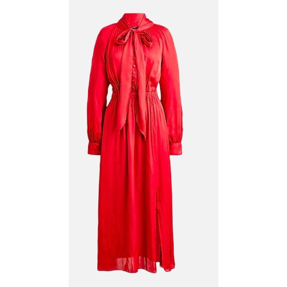 New! J.Crew Featherweight Satin Tie-Neck Dress, X-Small, Deep Ruby